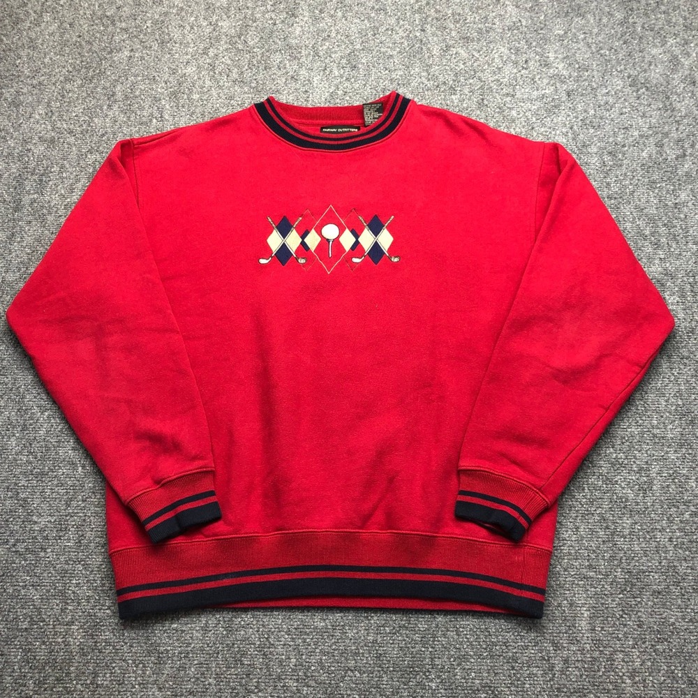 Fairway Outfitters Mens Red Golf Argyle Crewneck Sweatshirt Large Striped Trim